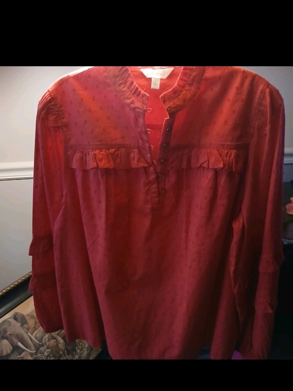 Crown & Ivy Red Ruffle-Front Top Button Blouse With Ruffle Neck And Sleeves - Picture 3 of 16
